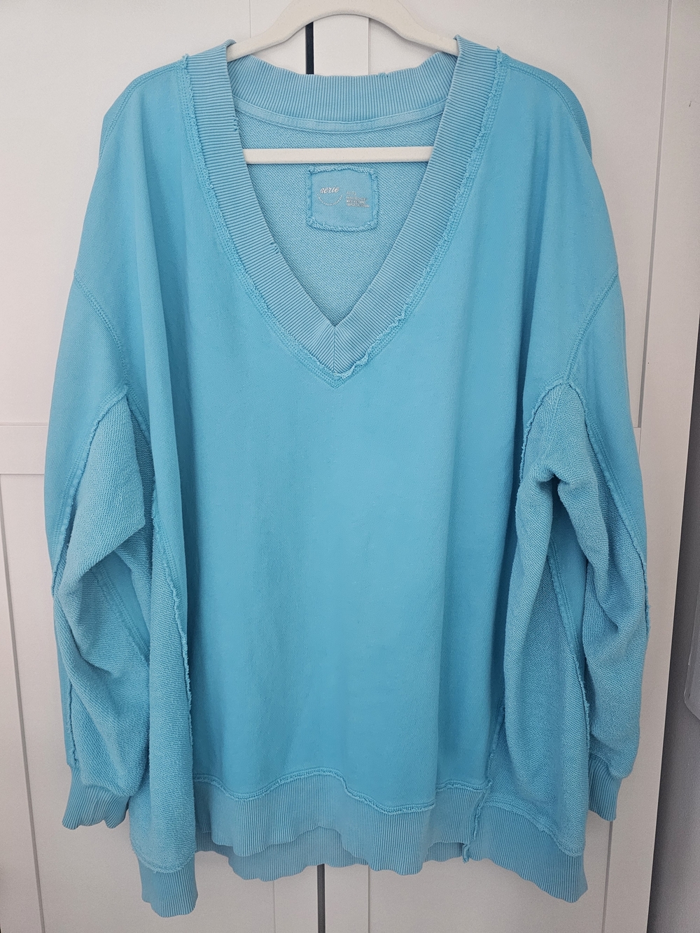 Aerie Vacay Everyday Oversized V-Neck Sweatshirt Distressed Teal Aqua Blue XL